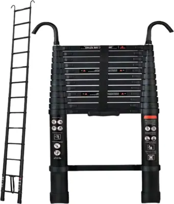Obrázok produktu pre Teleskopický rebrík - 3,8 m - Čierny hliník - S hákom - Skladací a multifunkčný - Max. 150 kg