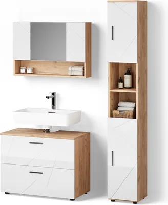 Produktbild von Badmöbel-Set Livinity Ronco Weiß Hochglanz/Goldkraft Eiche 3 Teile, mit Spiegelschrank 80 cm, Model 52842