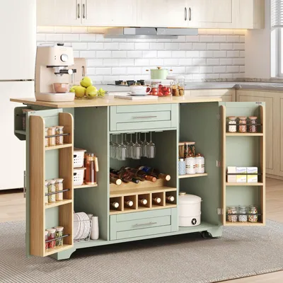 Immagine prodotto di Carrello da cucina con piano di lavoro pieghevole, isola da cucina su ruote, carrello di servizio con portabottiglie, portabicchieri e scaffale per spezie, colore verde antico, dimensioni 138x70x92 cm