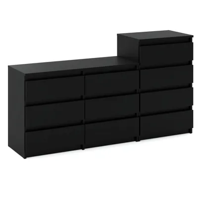 A black dresser with multiple drawers is shown against a white background.