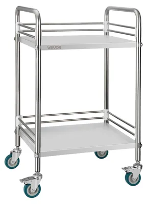 Image de Chariot en acier inoxydable VEVOR Chariot à 2 étages pour laboratoire et cuisine avec roues verrouillables, chariot de service pour établissements médicaux, plateau de service mobile pour hôpitaux, restaurants et cuisines