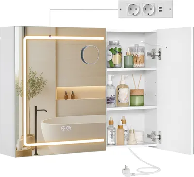 Image de Armoire miroir avec éclairage et prise électrique, 80 cm, blanche