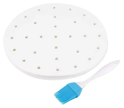 Productafbeelding van Bakpapier voor heteluchtfriteuses, 19 cm, 100 stuks, rond, geperforeerd bakpapier voor bamboestoommandjes en hete luchtfriteuses van 3,5 en 3,7 liter, geschikt voor de magnetron, oven en met antiaanbaklaag.