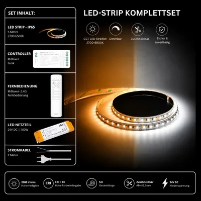 Produktbild von LED Streifen Set CCT IP65 – SMD LED Streifen 24V, 16 W/m, 2200 lm/m, 5m, 2700-6500K – SS100 Netzteil, SR2 Funk-Controller und C1 Fernbedienung Weiß