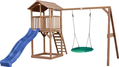 Produktbild von AXI Beach Tower Spielturm aus Holz in Braun | Spielhaus für Kinder mit blauer Rutsche, Nestschaukel und Sandkasten | Stelzenhaus für den Garten