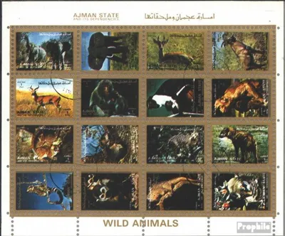 Produktbild von Briefmarken Ajman 1972 Mi 2701-2716 Kleinbogen (kompl.Ausg.) gestempelt Säugetiere