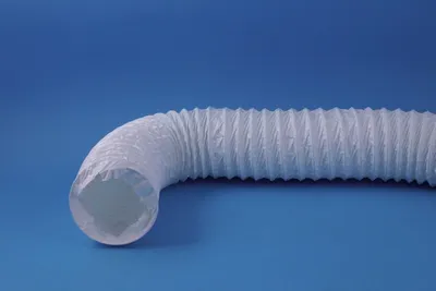 A white flexible hose is shown against a blue background.