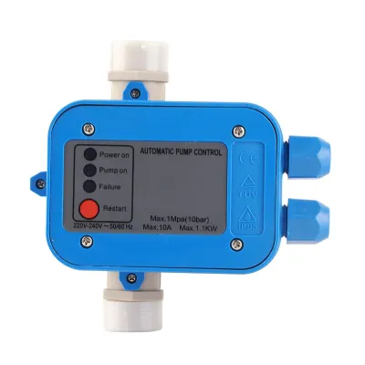 A blue automatic pump control unit with indicator lights and text labels, shown against a white background.