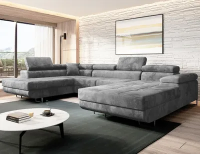 Produktbild von Easy4You Grau Ecksofa Varberg Velours in U-Form 345 x 72 x 205 cm mit Schlaffunktion und Bettzeugbehälter - Schlafsofa mit Bettkasten - Eckcouch mit Stauraum - Stoff: Monolith 85