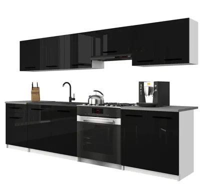 Immagine prodotto di Belini - Angolo cottura moderno ITALIA 2 - Mobili da cucina 240 cm nero lucido - Cucina componibile con pensili, mobili base e piani di lavoro