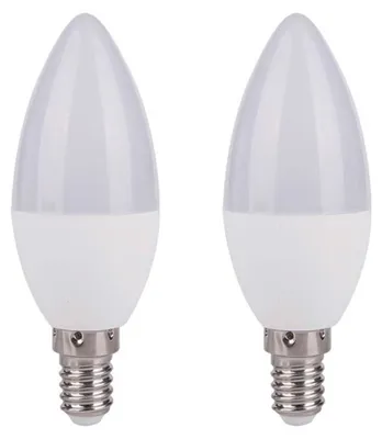 Imagen del producto de 2 bombillas LED tipo vela C35, 4,9W = 40W, casquillo E14, acabado mate, 470 lúmenes, luz blanca cálida, 2700K