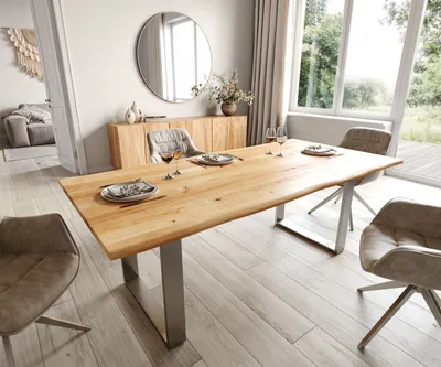 Produktbild von DELIFE Esstisch Edge 200x100x2,5-3 Eiche Natur Edelstahl schmal Live-Edge