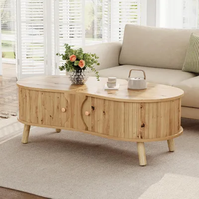 Produktbild von Merax Erbsenförmiger Couchtisch mit Stauraum, Rillenoptik, Wohnzimmertisch mit 2 Schiebetüren und Massivholzbeine, Sofatisch aus MDF, Natur