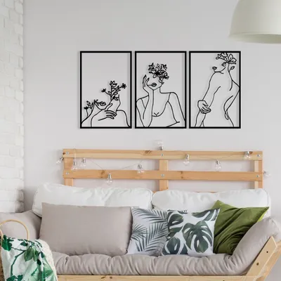Image de Wallity, Flower Face Woman, Accessoire mural décoratif en métal, 100 % METAL (épaisseur : 1,2 mm), noir, 94 x 45 cm