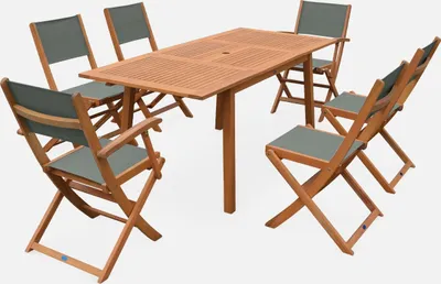 Immagine prodotto di Set tavolo da giardino rettangolare allungabile in legno con 6 sedie, Verde kaki
