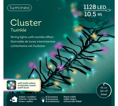 Productafbeelding van Lumineo Lichtslinger Cluster 1128 LED, 10 meter, met gekleurde lampjes en zwarte kabel
