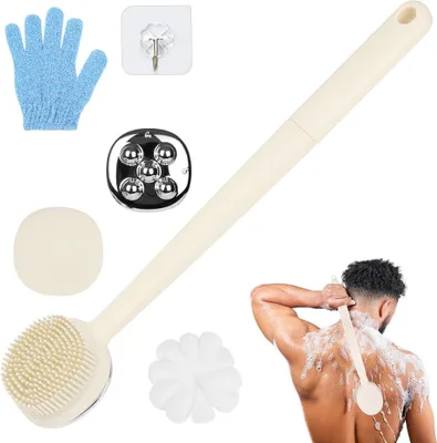 Produktbild von Duschrückenbürste mit langem Griff, 4-in-1 doppelseitige Rückenbürste zum Schrubben und Massieren unter der Dusche, Badebürste/Duschschwamm mit Griff