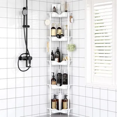 Immagine prodotto di Uniqoos® Porta sapone da doccia senza foratura – Scaffale angolare con 4 ganci, resistente alla ruggine e all'acqua, in plastica e metallo, con ripiano aggiuntivo, ideale per bagno, cucina e soggiorno