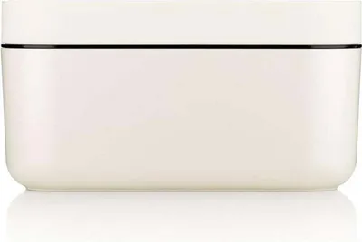 A white ice box with a black trim is shown against a white background.