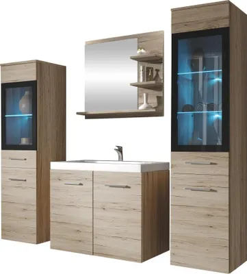 Produktbild von MIRJAN24 Badmöbel-Set Madrit I, Badezimmer-Set mit Spiegel und Waschbecken (Farbe: San Remo, mit Siphon, mit RGB Beleuchtung)