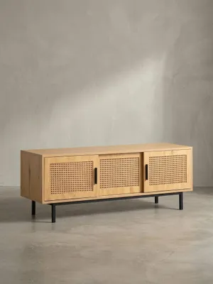 Produktbild von Lowboard Eiche-Nachbildung mit Wiener Geflecht 120x45,5x40 cm TV-Kommode Zeitlos mit Schiebe-Türen, Design TV-Schrank Hoch, Fernsehtisch Fernsehschrank, Fernsehkommode Wohnzimmer Rattan