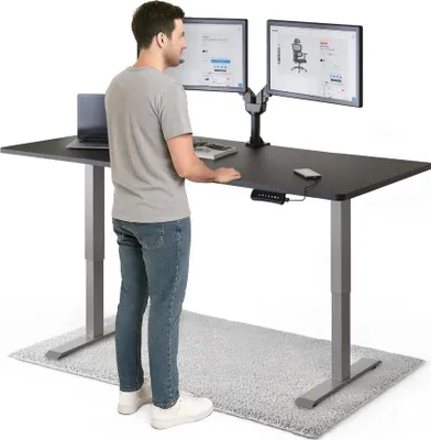 Produktbild von DESKSPACE PRO Elektrisch höhenverstellbarer Schreibtisch – 180x80 cm Memory & Kollisionsschutz, Computertisch Schwarz Tischplatte / Graue Gestell