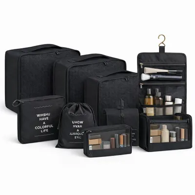 Immagine prodotto di Set di 8 organizer da valigia con beauty case – Borse e cubi da viaggio, ideali per riporre i vestiti (nero)