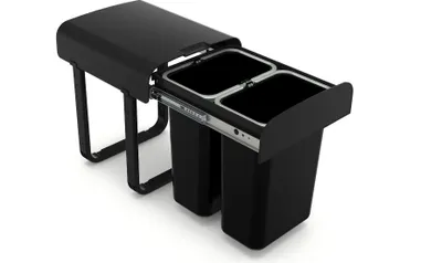 A black built-in waste bin system with two compartments, shown from a slightly elevated angle against a white background.