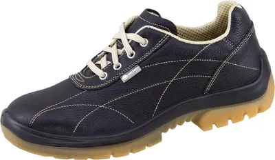 A single black work shoe with tan laces and stitching is shown against a white background.