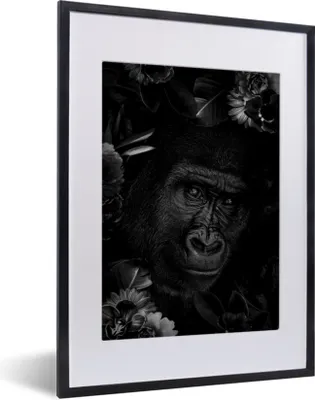 Produktbild von MuchoWow® Gerahmtes Poster Botanischer Affe auf schwarzem Hintergrund - schwarz und weiß 30x40 cm - Poster mit Schwarzem Bilderrahmen Wandposter Rahmen Foto Bilder - Wandposter Schlafzimmer