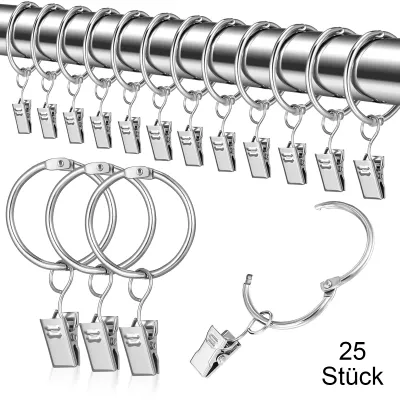 Produktbild von 25 Stück Metall Vorhangringe Gardinenringe mit Clips Vorhang Hängend Ringe für Fenster Tür Duschvorhänge, 30mm Innendurchmesser (Silber)