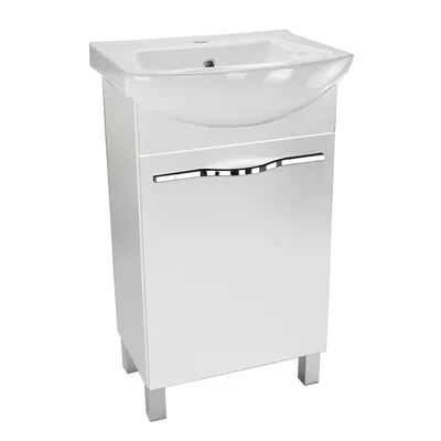 A white bathroom vanity with a sink and chrome handle, shown against a white background.
