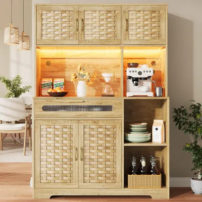 Image de Flieks Cuisine Armoire haute avec tiroir et 5 portes, Armoire de cuisine Buffet de cuisine avec Led, USB et fonction micro, 120x40x180 cm, Naturel