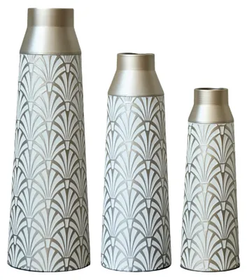 Produktbild von Metallbodenvasen 3er Set, Halbhandgefertigte Stehvasen mit Fächer-Muster, Moderne Weiß-Silberne Dekovasen für Wohnzimmer, Flur, Eingangsbereich, 43,5/51/61 cm Höhe