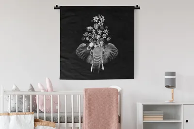 Produktbild von MuchoWow® Wandteppich Wandbehang Elefant - Blumen - Schwarz - Weiß 90x90 cm Tapisserie Dekoration Wandtuch - Wandaufhänger