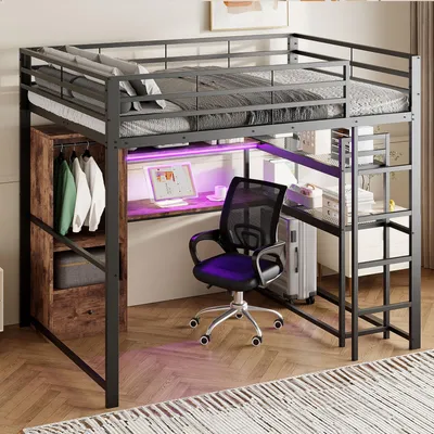 Image de OKWISH Lit Mezzanine Métal 140x200 cm avec Bureau et Tiroir - Lit Ado/Enfant avec LED et Barrière de Sécurité - Sans Matelas - Noir
