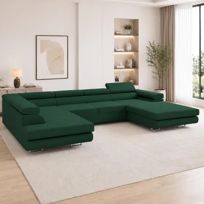 Produktbild von GOLDSTOFF VENUS U‑Form Ecksofa mit Schlaffunktion 345 × 205 cm | U‑förmige Schlafcouch mit 2 Bettkästen und 4 Kopfstützen (grün)