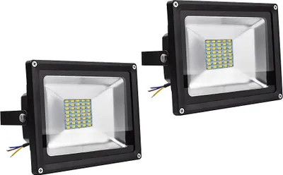 Two LED floodlights are shown against a white background.