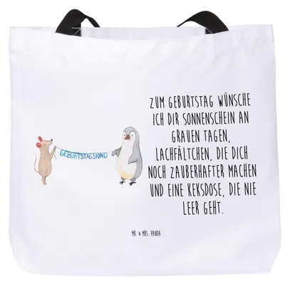 Produktbild von Mr. & Mrs. Panda Reisetasche Maus Pinguin Geburtstag - Weiß - Geschenk, Geburtstage, Tasche, Happy Birthday, Schultasche, Strandtasche, Einkaufstasche, Tote Bag