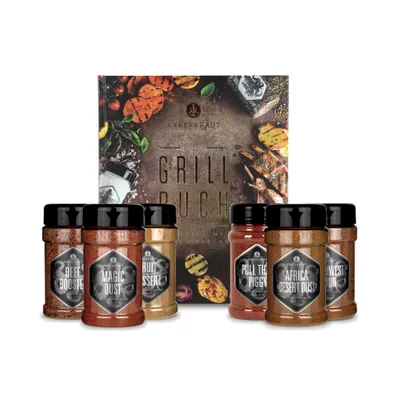 A set of spice jars and a cookbook for grilling.
