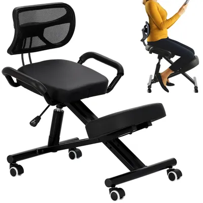 Obrázek produktu pro Ergonomická klekačka s opěrkou zad černá do kanceláře, kosmetického salonu a SPA