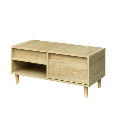 Produktbild von Eichenfarbe Couchtisch 80x40x38cm mit Klappdeckel Stauraum modern minimalistischer Wohnzimmertisch mit Massivholzbeinen Spiegeloptik Kaffeetisch