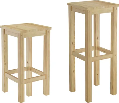 Two wooden bar stools of different heights against a white background.