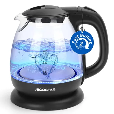 Produktbild von Aigostar - 1L Glas-Wasserkocher: 2200W Mini-Wasserkocher mit LED-Beleuchtung, BPA-frei, Schnellkochfunktion & Trockengehschutz, Schwarz