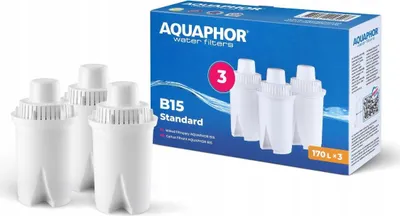 Three Aquaphor B15 Standard water filter cartridges are shown in front of their packaging.