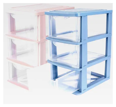 Produktbild von 2 Stück Aufbewahrungsboxen mit 3 Schubladen aus transparentem Kunststoff für Kosmetik und Schreibtischorganisation im Büro und Haushalt
