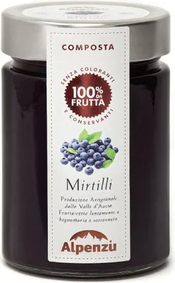 Produktbild von Composta di Mirtilli 100 % da Frutta, Heidelbeeren-Fruchtaufstrich aus 100% Frucht, 350g, Alpenzu