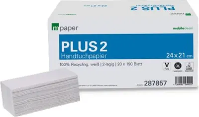 Zdjęcie produktu dla mpaper ręczniki papierowe Plus² 2-warstwowe V-fold, 24,2x21 cm białe
