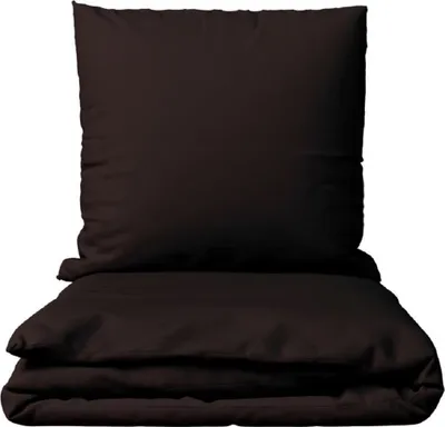A folded duvet and a pillow, both in a dark brown color, are presented against a white background.
