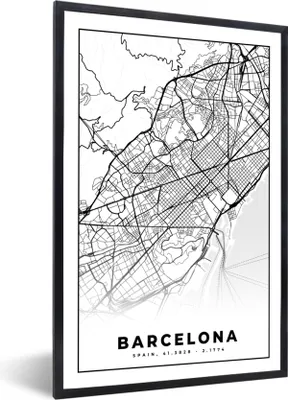 Produktbild von MuchoWow® Gerahmtes Poster Barcelona - Stadtplan - Karte - Schwarz und weiß 20x30 cm - Poster mit Schwarzem Bilderrahmen Wandposter Rahmen Foto Bilder - Drucken - Bilder Poster im Rahmen